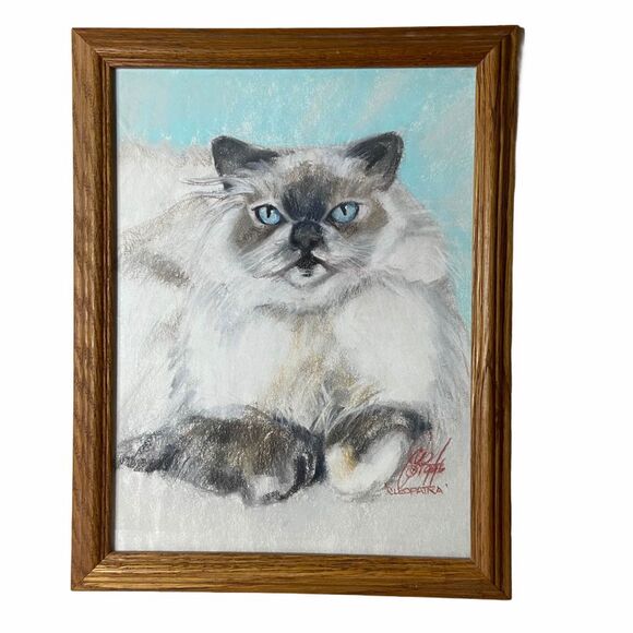 Vintage 90s Cleopatra Cat Drawing Framed Pastels - Picture 1 of 5